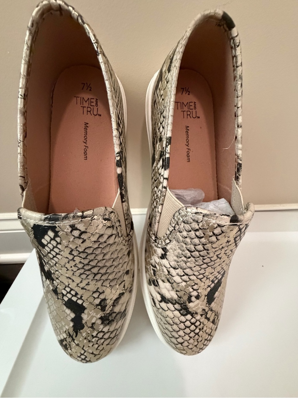 Time and Tru Women's Slip-On Snake Print Sneakers in Beige and Black